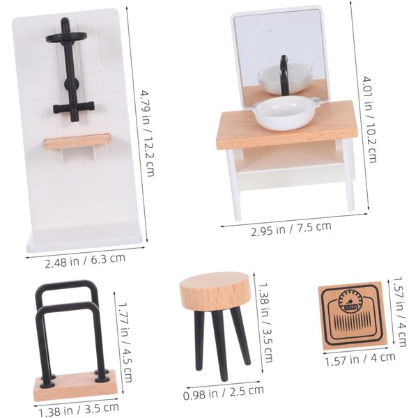 Set mobili bagno realistici 1:12 per casa delle bambole - lavabo, sgabello, porta asciugamani e doccia
