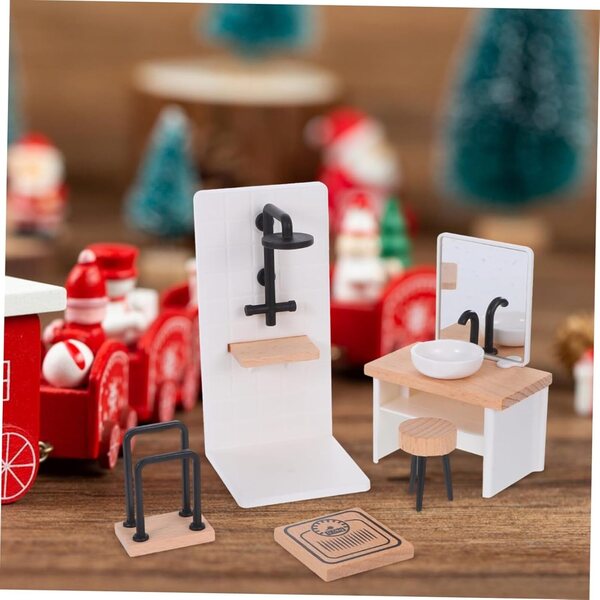Set mobili bagno realistici 1:12 per casa delle bambole - lavabo, sgabello, porta asciugamani e doccia