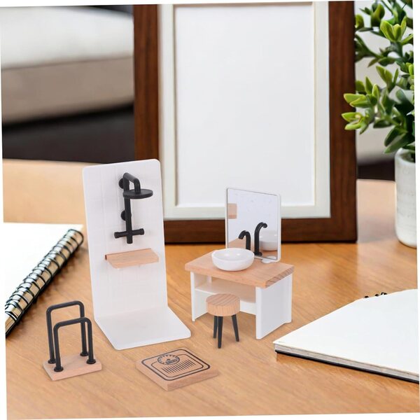 Set mobili bagno realistici 1:12 per casa delle bambole - lavabo, sgabello, porta asciugamani e doccia