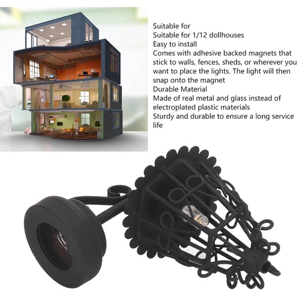 Lampada da parete in metallo nero vintage per casa delle bambole 1:12 con magnete e batteria