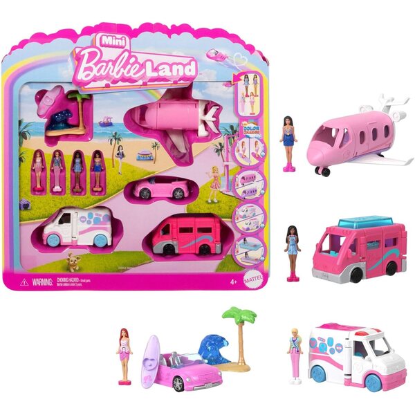 Mini-Barbie-Land-Set: 4 ikonische Fahrzeuge mit 4 3,8 cm großen Figuren und wechselnden Farben