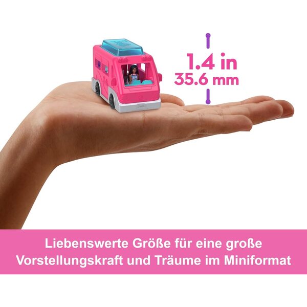 Mini-Barbie-Land-Set: 4 ikonische Fahrzeuge mit 4 3,8 cm großen Figuren und wechselnden Farben