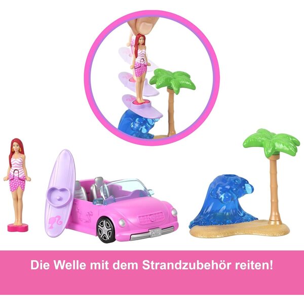 Mini-Barbie-Land-Set: 4 ikonische Fahrzeuge mit 4 3,8 cm großen Figuren und wechselnden Farben