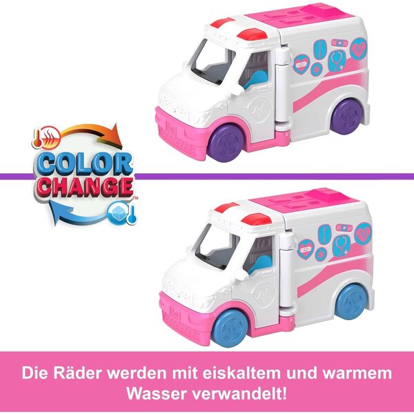 Mini-Barbie-Land-Set: 4 ikonische Fahrzeuge mit 4 3,8 cm großen Figuren und wechselnden Farben