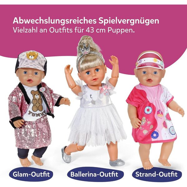BABY born Reise-Outfit con vestito, scarpe e accessori per bambole 43 cm