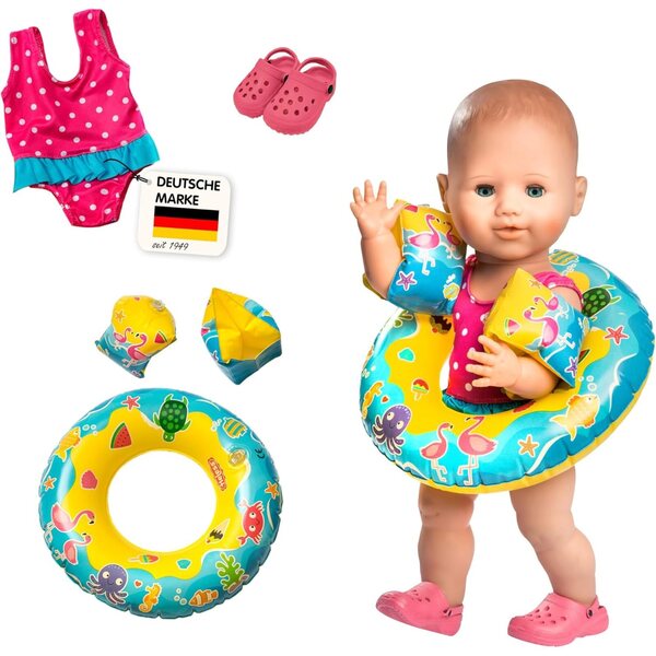 Schwimmset für Heless-Puppen mit Kostüm, Clogs, Armlehnen und Ring für 35-45 cm