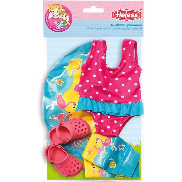 Schwimmset für Heless-Puppen mit Kostüm, Clogs, Armlehnen und Ring für 35-45 cm