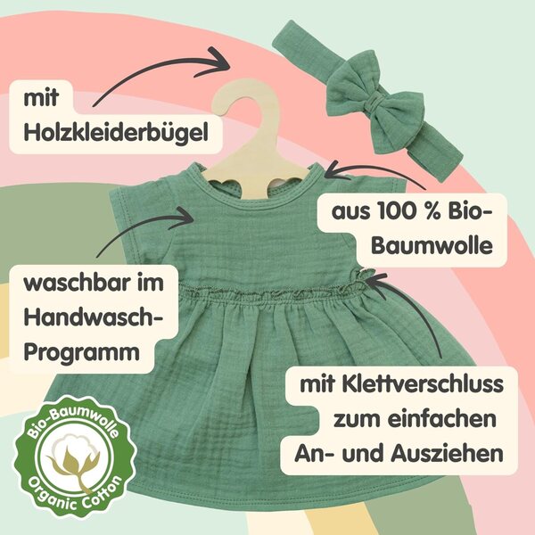 Heless Puppenkleidung 2 Stück Salbeigrün aus 100 % Bio-Baumwolle für 35–45 cm große Puppen