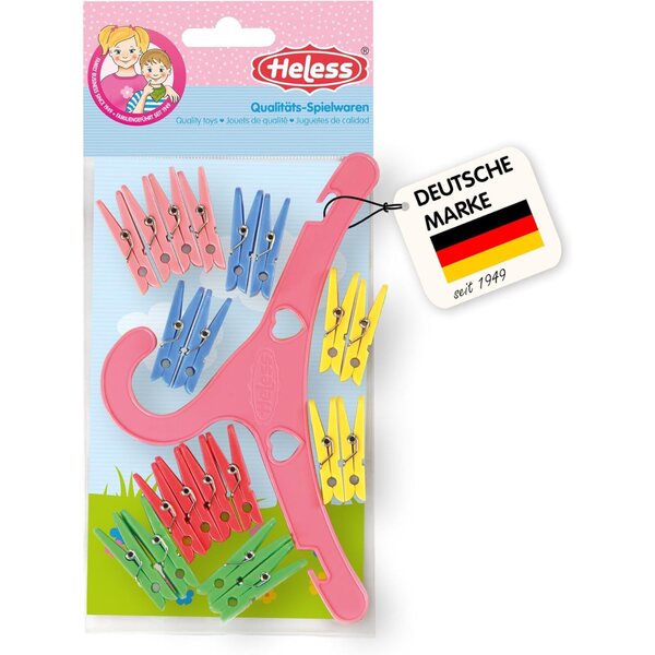 Set mit 20 Wäscheklammern und farbigem Kleiderbügel für Heless-Puppenkleidung 35-45 cm
