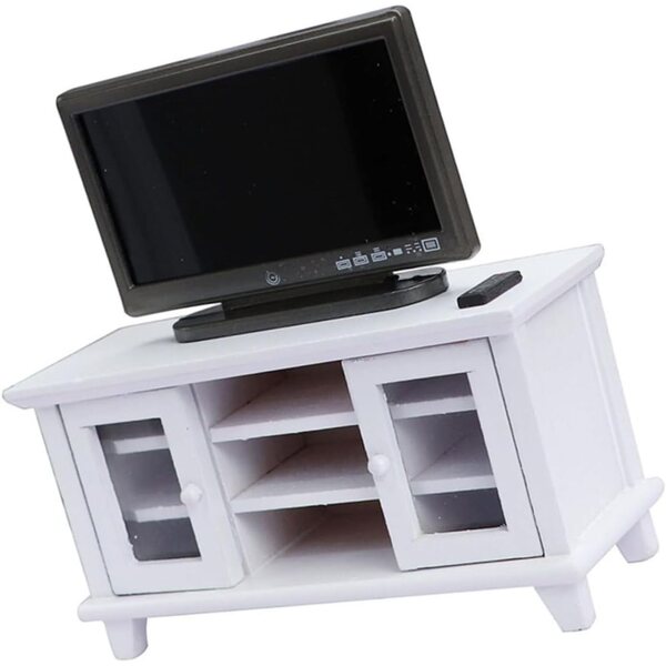 Mobiletto Bianco Miniatura per Casa delle Bambole con TV in Legno e Plastica