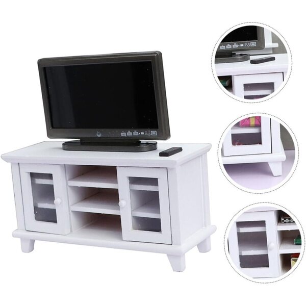 Mobiletto Bianco Miniatura per Casa delle Bambole con TV in Legno e Plastica