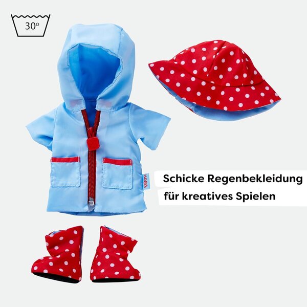 HABA Set Abbigliamento Regenzeit per Bambole 30-34 cm - Mantella, Cappello, Stivali