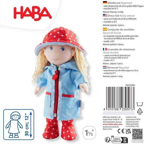 HABA Set Abbigliamento Regenzeit per Bambole 30-34 cm - Mantella, Cappello, Stivali