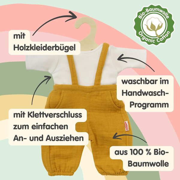 Heless 2 Stück honiggelbe Bio-Baumwoll-Musselin-Puppenkleidung für 28–35 cm große Puppen