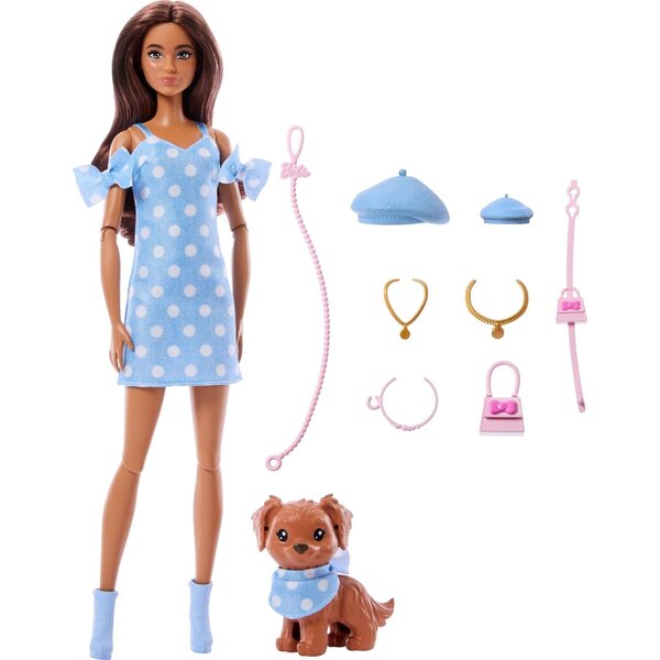 Barbie Twinning Looks con cagnolino in Outfit a Pois Blu e Accessori Coordinati