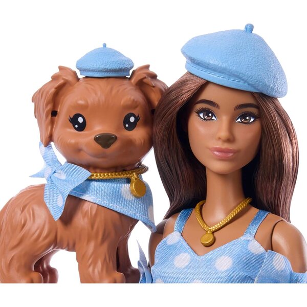 Barbie Twinning Looks con cagnolino in Outfit a Pois Blu e Accessori Coordinati