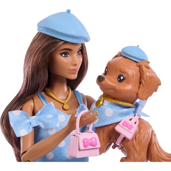 Barbie Twinning Looks con cagnolino in Outfit a Pois Blu e Accessori Coordinati