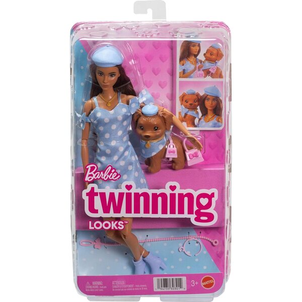 Barbie Twinning Looks con cagnolino in Outfit a Pois Blu e Accessori Coordinati