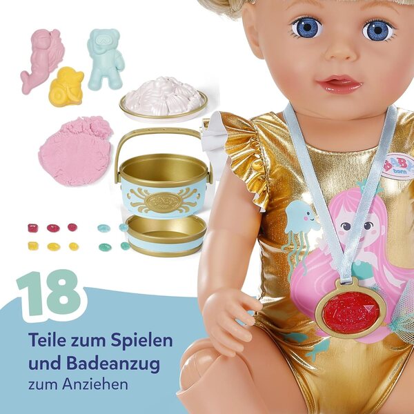 BABY Born Set Spiaggia con Costume Sirena, Sabbia Modellabile e Accessori per Bambole 43 cm