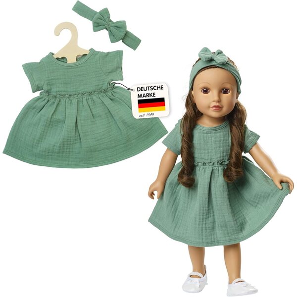 Salbeigrünes Heless-Puppenkleid aus Bio-Baumwolle, 28–35 cm, mit Stirnband