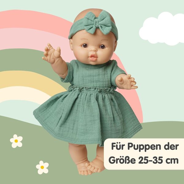 Salbeigrünes Heless-Puppenkleid aus Bio-Baumwolle, 28–35 cm, mit Stirnband