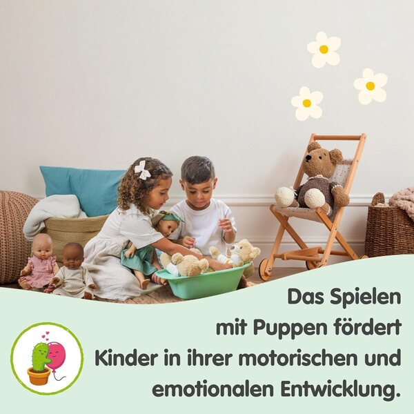 Salbeigrünes Heless-Puppenkleid aus Bio-Baumwolle, 28–35 cm, mit Stirnband
