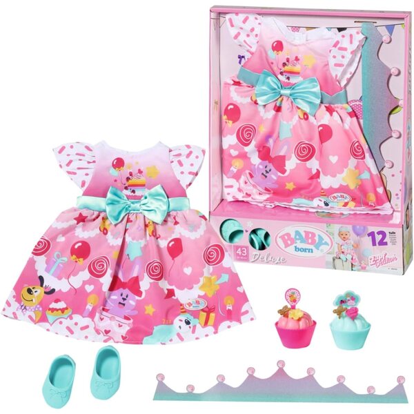 BABY born Deluxe Completo Compleanno 43cm con Vestito, Scarpe, Coroncina e Cupcake