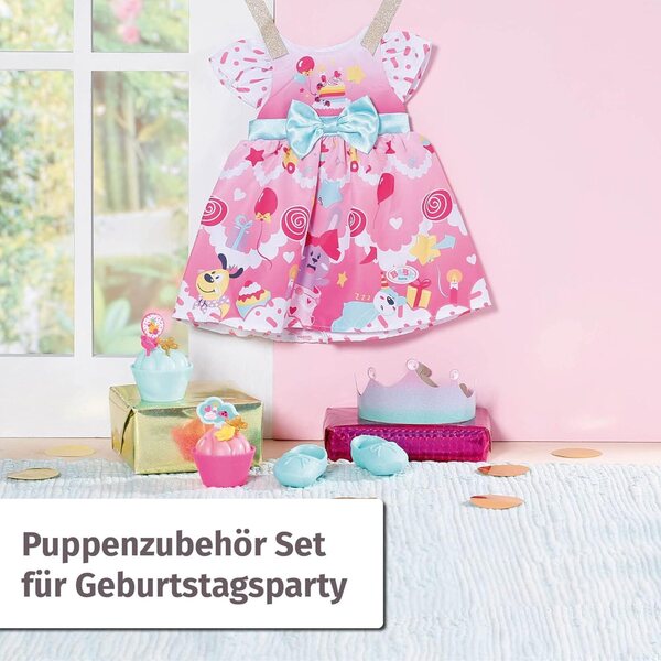BABY born Deluxe Completo Compleanno 43cm con Vestito, Scarpe, Coroncina e Cupcake