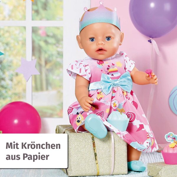 BABY born Deluxe Completo Compleanno 43cm con Vestito, Scarpe, Coroncina e Cupcake