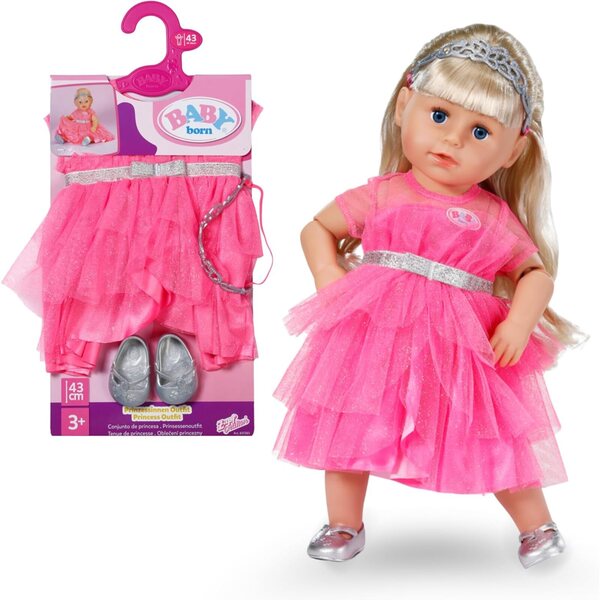 BABY born Prinzessin-Set con abito rosa in tulle, corona e scarpe glitter per bambole 43 cm