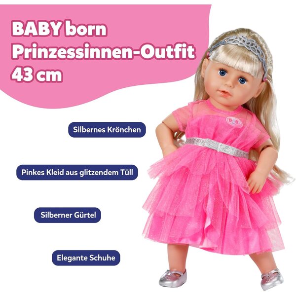 BABY born Prinzessin-Set con abito rosa in tulle, corona e scarpe glitter per bambole 43 cm