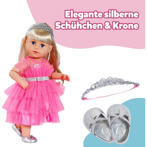 BABY born Prinzessin-Set con abito rosa in tulle, corona e scarpe glitter per bambole 43 cm