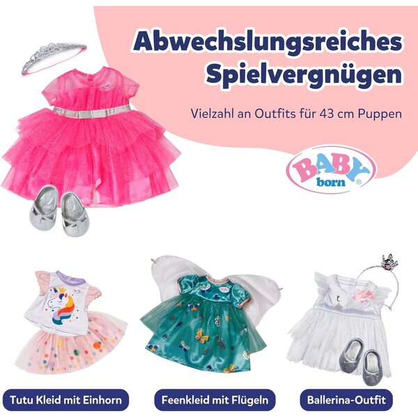 BABY born Prinzessin-Set con abito rosa in tulle, corona e scarpe glitter per bambole 43 cm