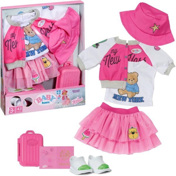 BABY born Deluxe Reiseoutfit 43cm con Koffer, Reisepass, Kleid, Hut e Scarpe