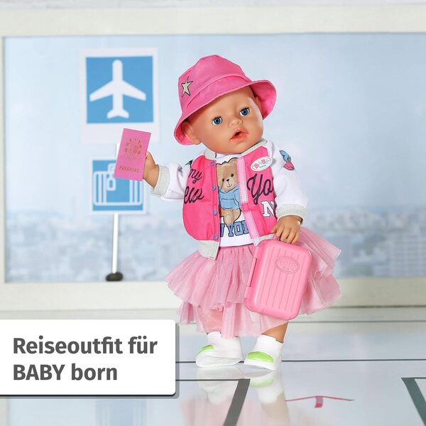 BABY born Deluxe Reiseoutfit 43cm con Koffer, Reisepass, Kleid, Hut e Scarpe