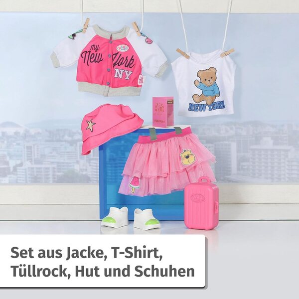 BABY born Deluxe Reiseoutfit 43cm con Koffer, Reisepass, Kleid, Hut e Scarpe