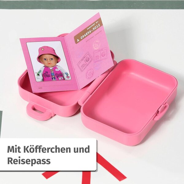 BABY born Deluxe Reiseoutfit 43cm con Koffer, Reisepass, Kleid, Hut e Scarpe