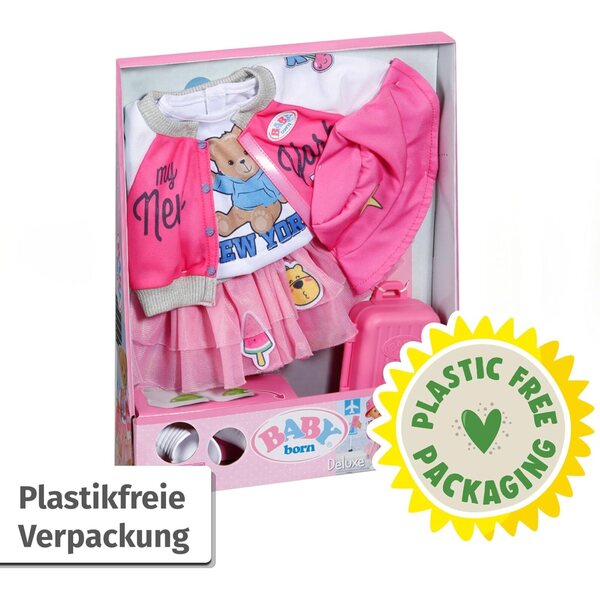 BABY born Deluxe Reiseoutfit 43cm con Koffer, Reisepass, Kleid, Hut e Scarpe