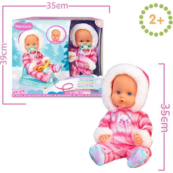 Nenuco Baby-Pupa mit Schlitten 35 cm und Zubehör, farbwechselnde Kaltnase