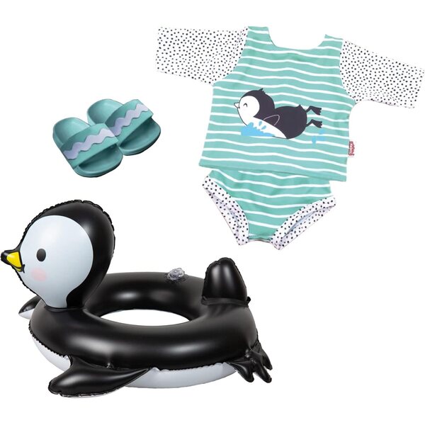Schwimmbad-Kostümset für 35–45 cm große Puppen mit Pinguin, Flip-Flops und Schwimmweste