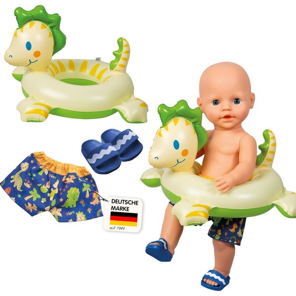 Heless Schwimmset für Dino-Puppen mit Kostüm, Hausschuhen und Schwimmweste 35-45 cm