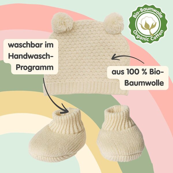 2-teiliges Set Puppenkleidung aus 100 % Bio-Baumwolle mit Mütze und Schuhen Ecru 35-45 cm