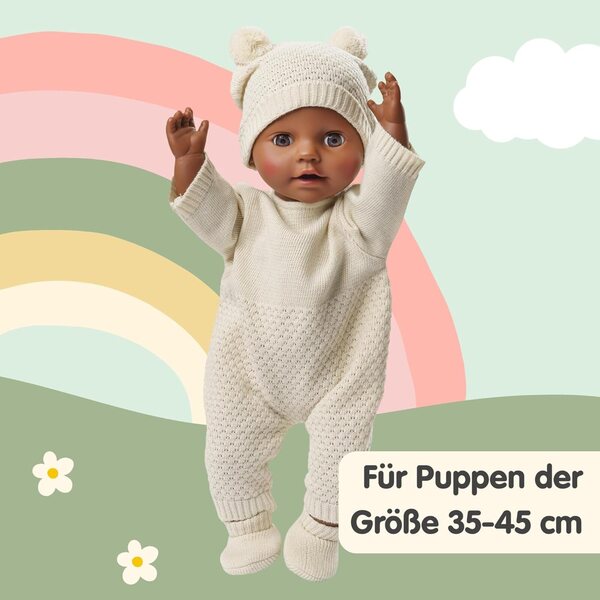 2-teiliges Set Puppenkleidung aus 100 % Bio-Baumwolle mit Mütze und Schuhen Ecru 35-45 cm