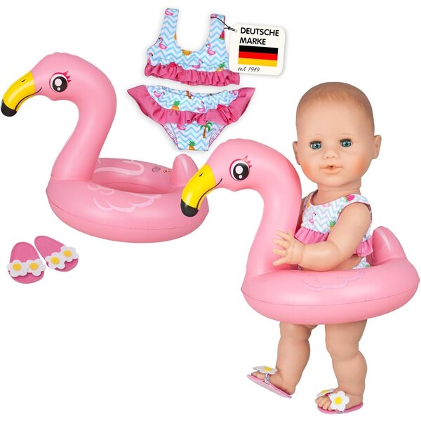 Heless Flamingo Ella Badeset für 35–45 cm große Puppen mit Bikini, Flip-Flops und Schwimmring