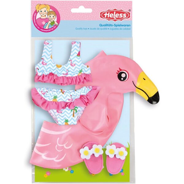 Heless Flamingo Ella Badeset für 35–45 cm große Puppen mit Bikini, Flip-Flops und Schwimmring