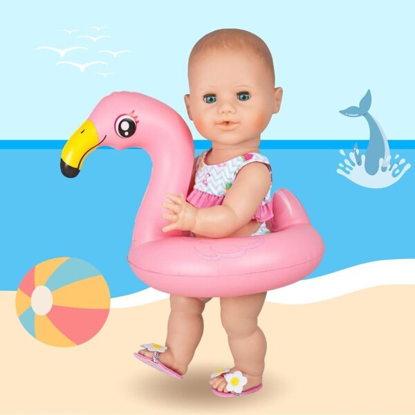 Heless Flamingo Ella Badeset für 35–45 cm große Puppen mit Bikini, Flip-Flops und Schwimmring