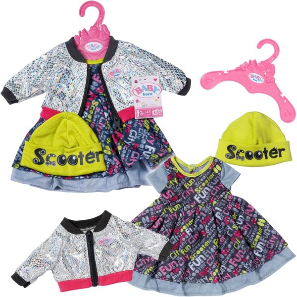 Baby Born Outfit per Bambole 43cm con Vestito Colorato, Giacca Riflettente e Cappello Neon