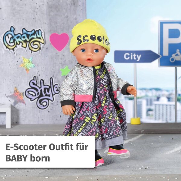 Baby Born Outfit per Bambole 43cm con Vestito Colorato, Giacca Riflettente e Cappello Neon