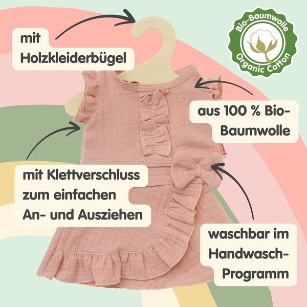 Heless Puppenkleidung in Rosa aus 100 % Bio-Baumwolle, 2-teiliges Set aus Wickelrock und Rüschenoberteil