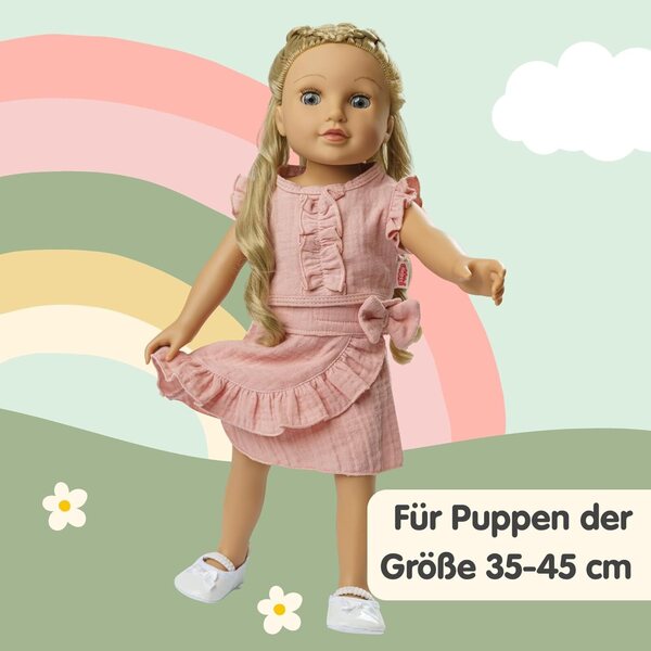 Heless Puppenkleidung in Rosa aus 100 % Bio-Baumwolle, 2-teiliges Set aus Wickelrock und Rüschenoberteil